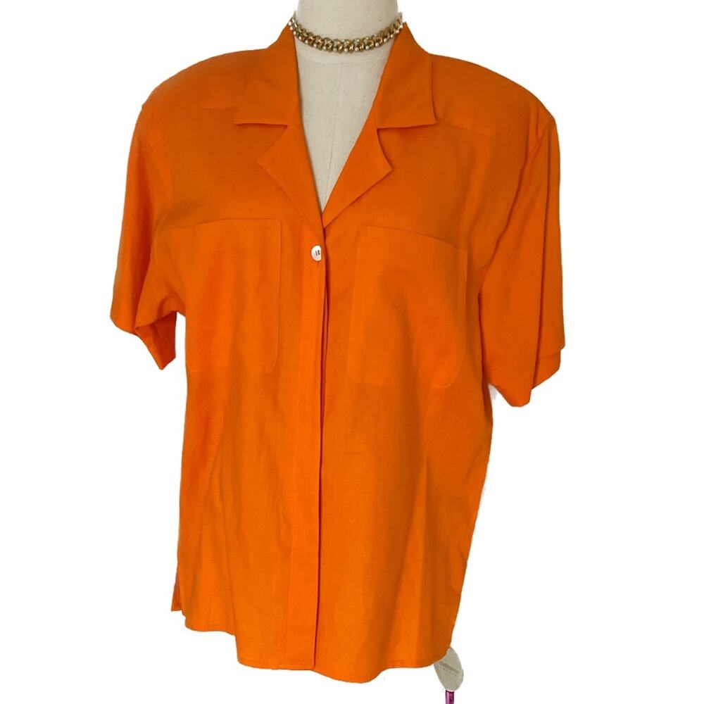 Liz Claiborne vintage 90s 100% linen orange button-down safari blouse size XL